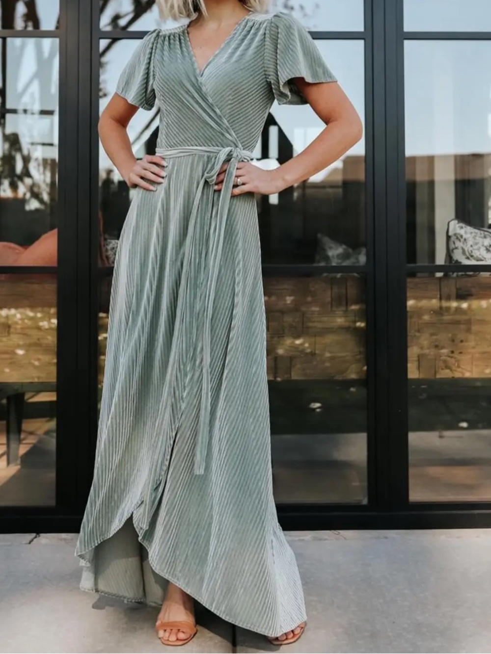 Baltic Born Dusty Sage Wrap Maxi Dress with Short Flutter Sleeves Size XS